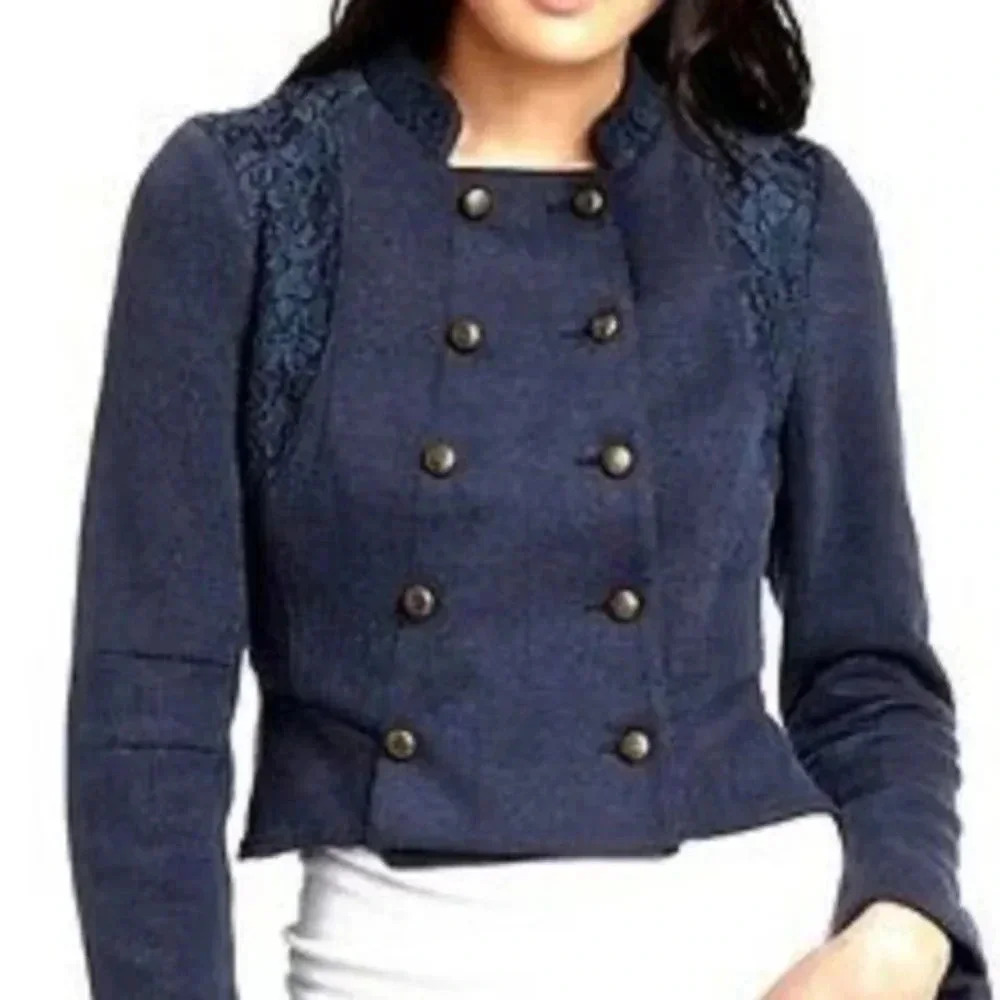 We The Free Blue Double Breasted Victorian Lace Cropped Jacket